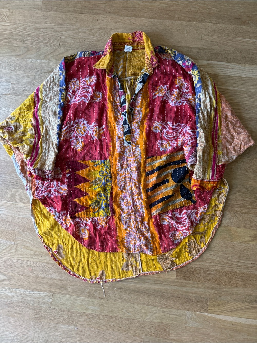 Boho Patchwork Tunic Top in Red, Yellow and Pink